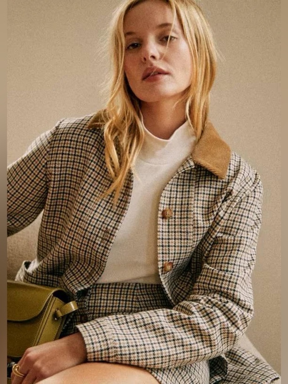 EUC Sezane Suede Will Jacket in Navy Ochre Houndstooth, Size S